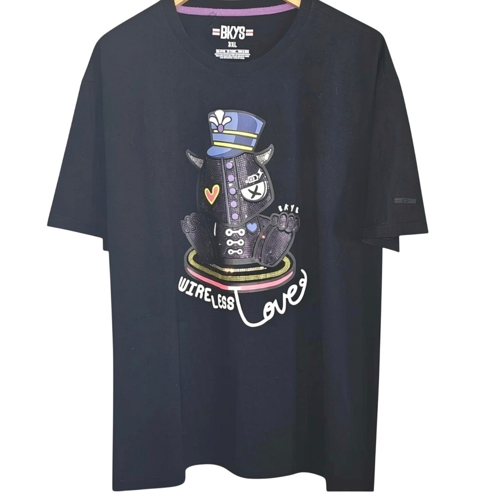 BKYS Mens Black Embellished Wireless Love Crew Neck Bunny T-Shirt Streetwear 3XL